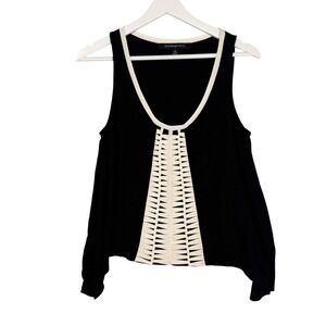 Boundary & Co Tank Top XS Black Cream Lattice Silk Trim Handkerchief Hem Woven